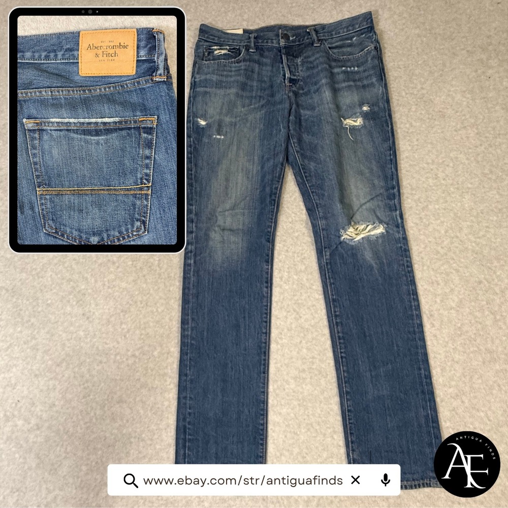 Abercrombie & Fitch The A&F Skinny Distressed Blue Jeans Mens 33x32 Button Fly